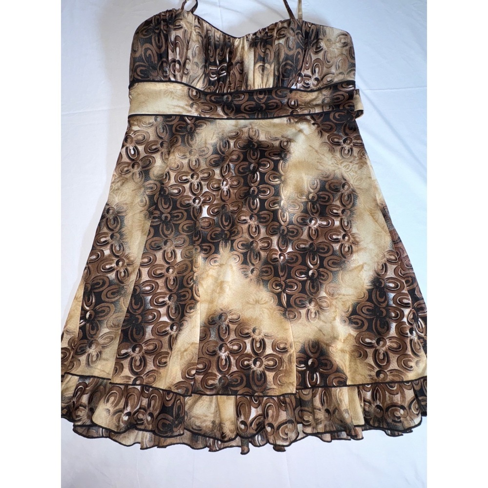 Kathy Roberts Brown Abstract Floral Ruffle Hem Empire Waist Cocktail Dress 16